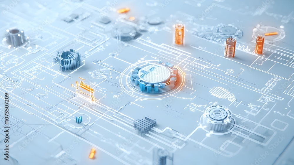 Poster Close up view of a glowing blueprint with illuminated geometric elements showcasing innovative modern design concepts and futuristic technology