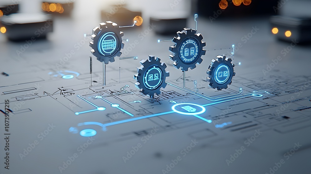 Poster Futuristic blueprint featuring luminous pathways and interconnected digital networks representing innovative high tech solutions and advanced technological concepts