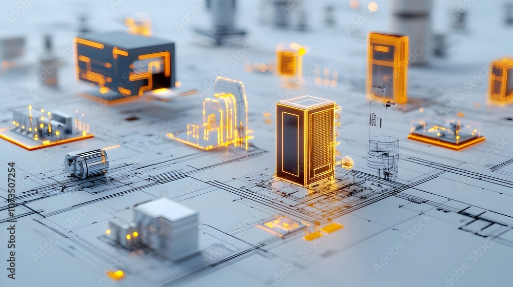 Poster Futuristic blueprint with glowing digital elements illustrating modern design concepts and technological innovation in engineering architecture and construction