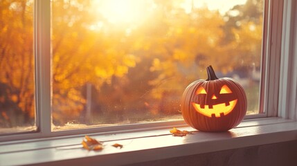 A Jack-O'-Lantern glows brightly on a window sill, illuminated by warm autumn sunlight, capturing the festive spirit of Halloween.