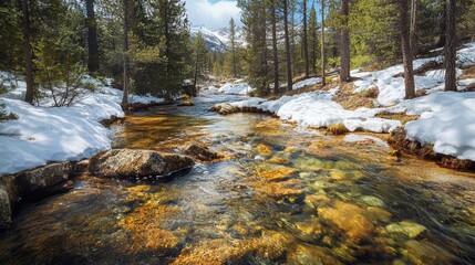 A crystal-clear mountain stream flows through a snowy forest, surrounded by pine trees and under a bright, sunny sky in a serene winter landscape.
