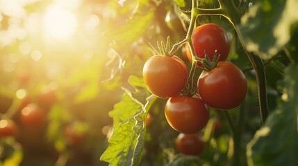 Cluster of ripe red tomatoes hanging on the vine in a sunlit garden, showcasing the freshness and natural beauty of homegrown produce.