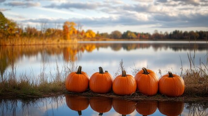 Five pumpkins rest on the shore of a calm lake, reflecting the vibrant autumn landscape, with colorful trees and a peaceful sky.