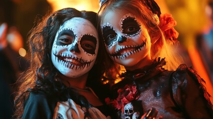 Two smiling children with detailed skeleton face paint enjoy Halloween night, dressed in spooky costumes and surrounded by a festive atmosphere.