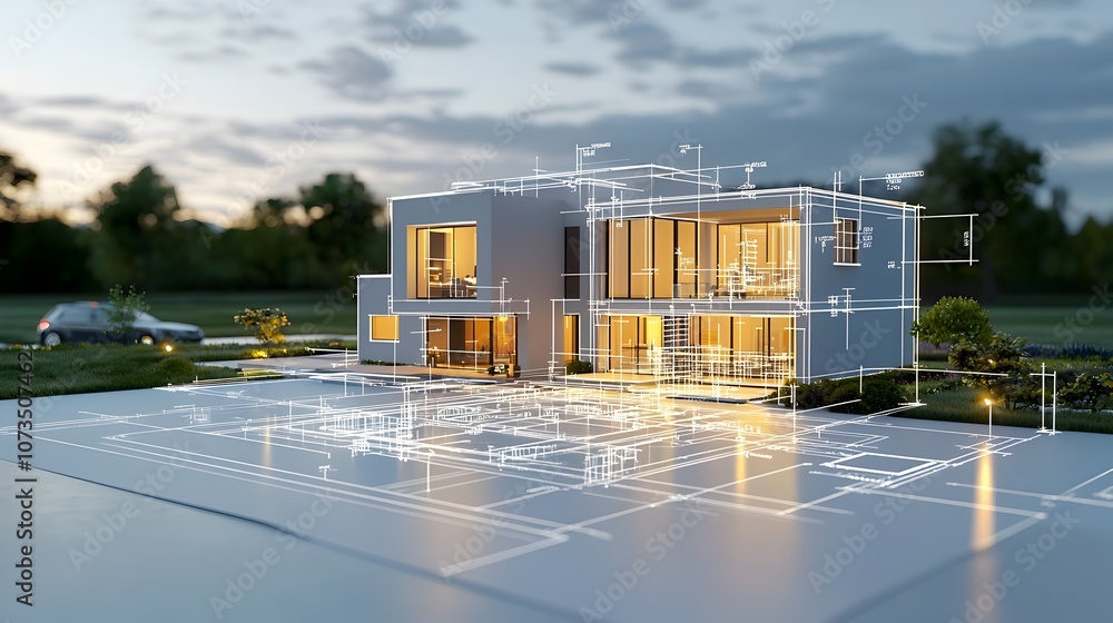 Aufkleber Luminous blueprint like outlines of contemporary minimalist buildings symbolizing innovative forward looking solutions for the future  This abstract digital conveys a sense of progress