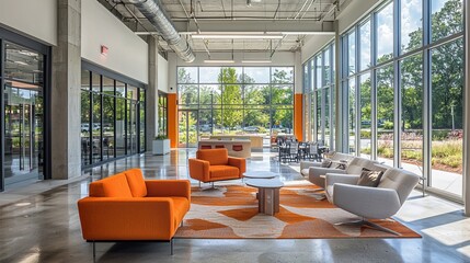 Modern office lounge with bright orange seating and large windows