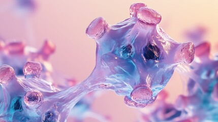 Close-up of a unique, translucent structure with pink and blue hues, resembling a cellular or molecular form, set against a soft gradient background.