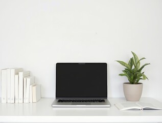 Fototapeta premium Simple workspace with a closed laptop, a book, and a plant, emphasizing a screen-free environment. The clean design highlights the importance of reducing screen time for better focus and well-being.