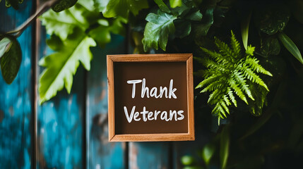 A framed chalkboard sign with the words "Thank Veterans" written in white chalk, surrounded by green leaves on a blue wooden background.