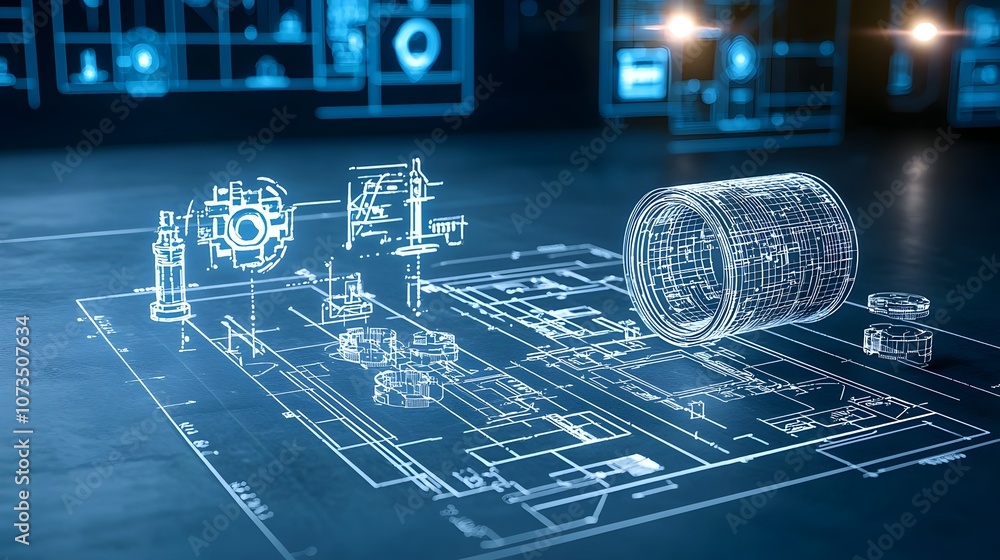 Poster glowing blueprint against a dark background revealing detailed plans and schematics for new innovati