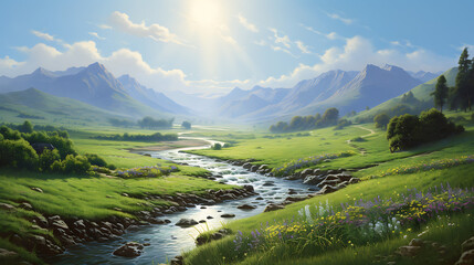 Fototapeta premium Lush Green Valley with Winding River and Sunlit Wildflowers
