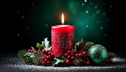 Red Christmas candle decorated with a festive holly design set against a dark, muted green background