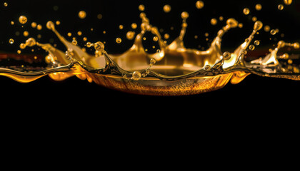 stunning gold splash creates mesmerizing crown shape, showcasing dynamic droplets against dark background, evoking sense of elegance and fluidity
