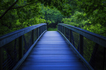 Serene wooden bridge surrounded by lush greenery, leading through a dense forest under a tranquil, overcast sky.