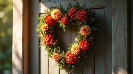 Heartshaped wreath made of vibrant flowers and greenery, beautifully hung on a rustic wooden door.