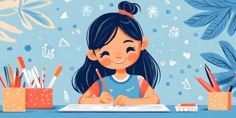 Naklejka premium Smiling Girl Drawing in Art Class