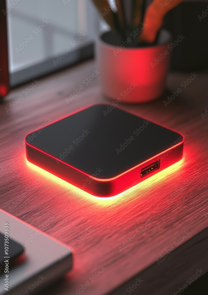 Poster a small square device with a red light on it sits on a wooden table