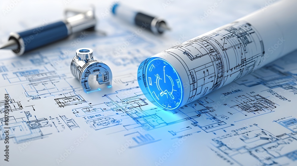 Aufkleber Glowing Blueprint with Highlighted Areas in Bright Blue Symbolizing Innovation Technological Advancements and Futuristic Concepts
