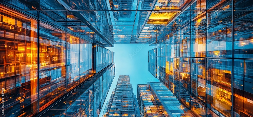 Aufkleber low angle view of a skyscraper with blue glass windows reflecting the sky.
