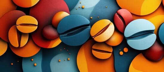 Abstract 3D coffee beans in orange, blue, and red on a dark blue background.