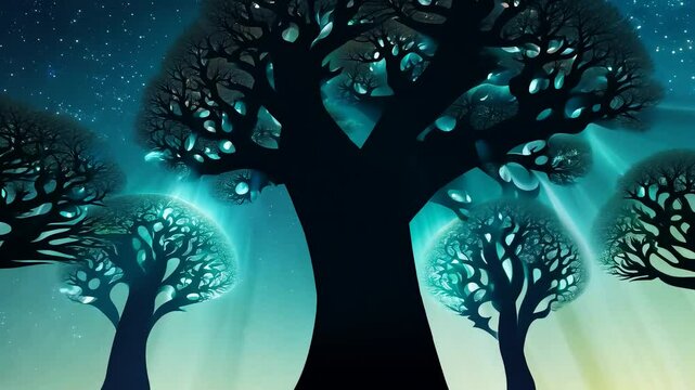 Mystic Shadow Trees Trees made of shadows with glowing leaves swaying in a magical breeze