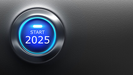 Start 2025 button. Stylish new year banner. Start 2025 blue neon button. Black new year background. Approaching 2025. Start of Christmas holidays. Copy space on dark. Backdrop, wallpaper. 3d image