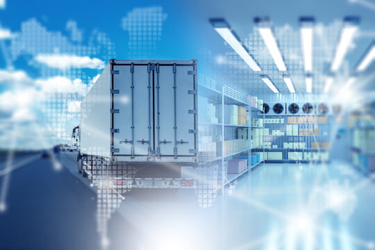 Truck with refrigerated container. Refrigerator inside truck. Machine for transporting frozen goods. Refrigerator with boxes on racks. Truck is driving along road. Interior of mobile refrigerator.