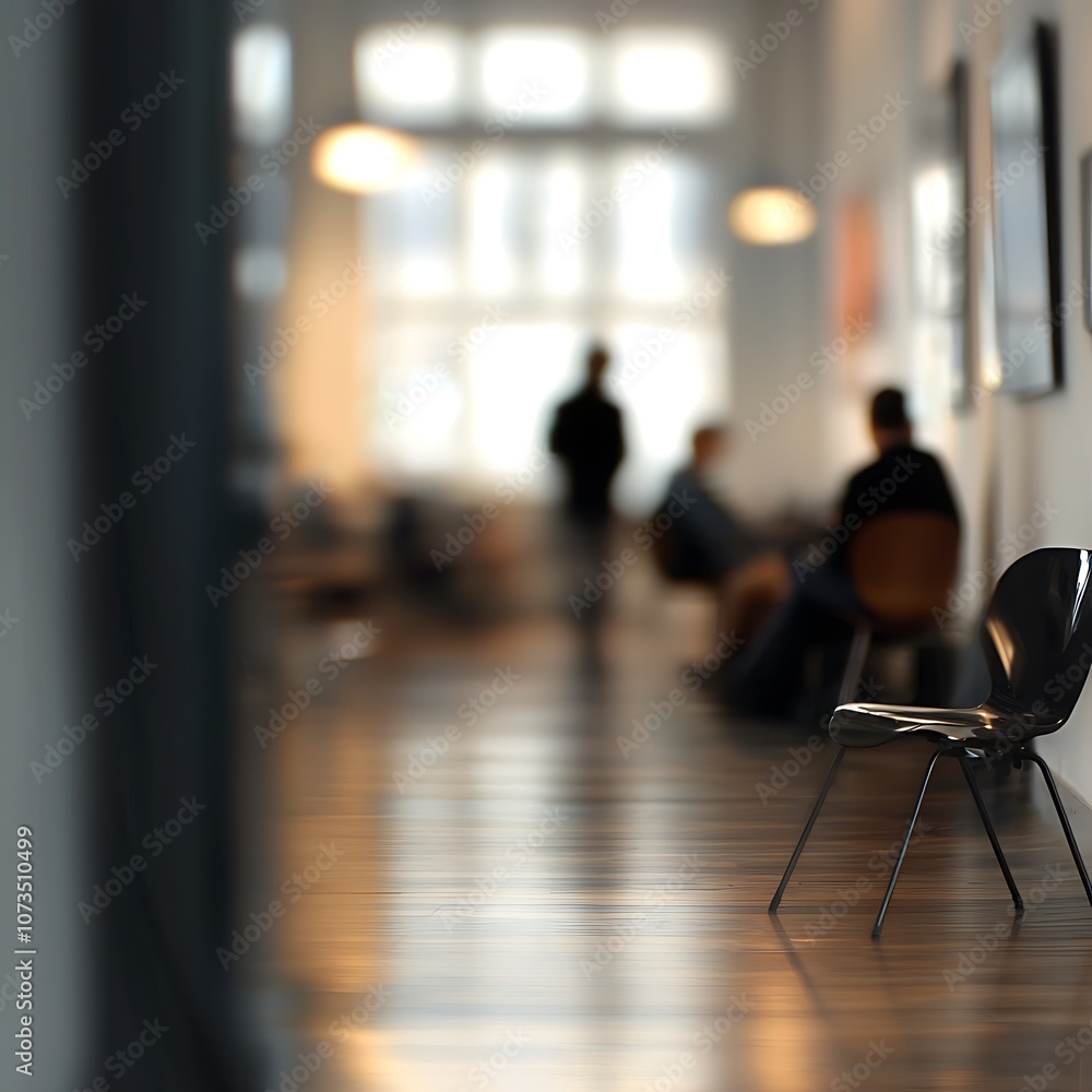 Poster a blurred hallway scene featuring a single empty chair with people in the background, creating a sen