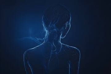 A woman’s body depicted in a philosophical style against a dark blue background