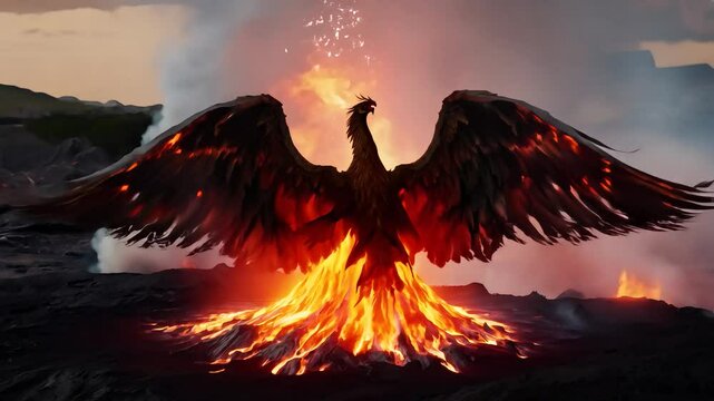 Volcanic Phoenix A phoenix rising from volcanic eruptions, its flames fueled by molten lava and magical energy