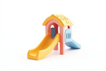 Adorable 3D Cartoon Playground Slide with Yellow Roof, Low Angle View, Vibrant Pastel Colors on White Background