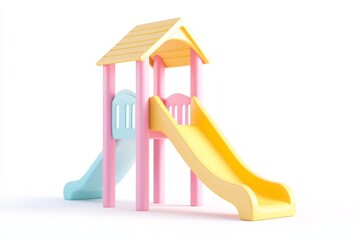 Adorable 3D Cartoon Playground Slide with Yellow Roof, Low Angle View, Vibrant Pastel Colors on White Background