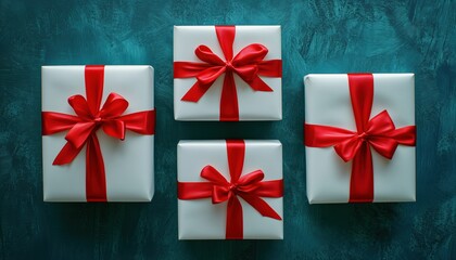 Fototapeta premium Winter Holiday Xmas Theme: Merry Christmas And Happy Holidays Greeting Card With White Christmas Gifts, Red Ribbons, And Ornaments On Blue Background.
