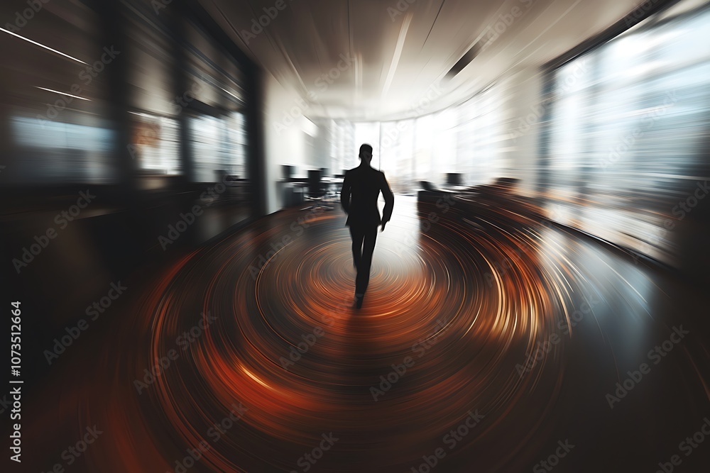 Poster a solitary figure walks through a modern office space, creating a dynamic sense of motion against a 