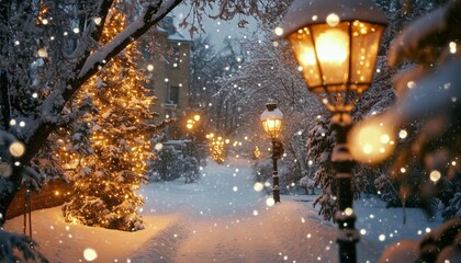 Festive Greeting Card And Picture Frame For Christmas And Holidays With New Year And Winter Theme Featuring Snow, Noel, And Christmas Tree Lights