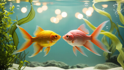 Fototapeta premium Colorful goldfish facing each other, underwater, soft bokeh light, aquatic life, serene mood, concept.
