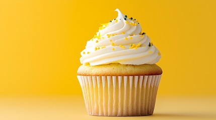 Vibrant lemon cupcake with a swirl of creamy lemon frosting and a sprinkling of zesty lemon zest on a bright colorful background  A delightful and tempting dessert treat