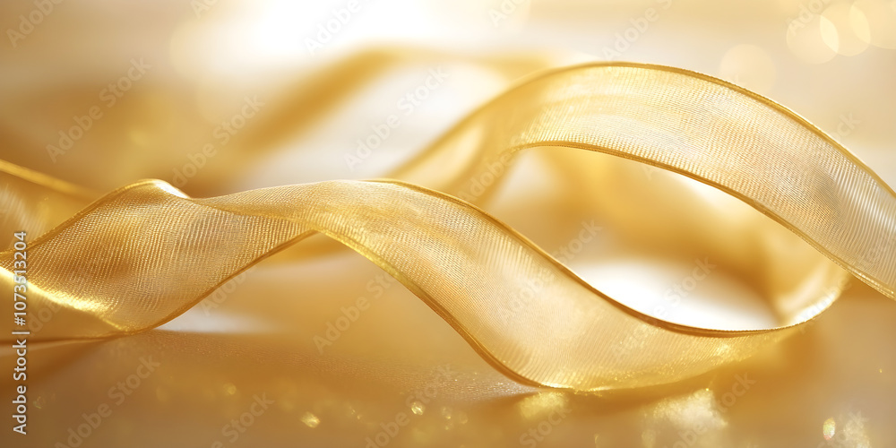 Poster golden ribbon curls gracefully in soft light, creating an elegant and festive atmosphere with its sh