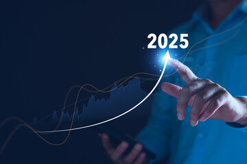 2025 new year business goal challenge concept, Business man planning increase percentage future...