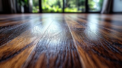 A close-up view of polished wooden flooring in a bright, green environment.