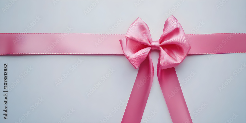 Poster a shiny pink ribbon with a bow rests elegantly on a smooth white background creating a soft and deli