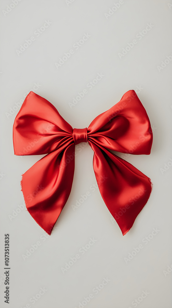 Poster a satin red bow with a smooth finish is centered on a plain background, showcasing its elegant shape