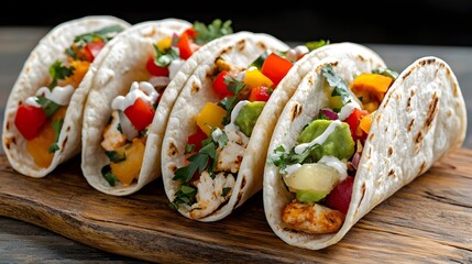Mouth watering Mexican Tacos Featuring a Variety of Colorful Toppings Arranged on a Rustic Wooden Background Capturing a Festive and Appetizing Vibe