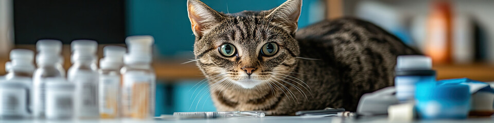 Feline First Aid: A veterinarian gently examines a tabby cat, surrounded by medical supplies.