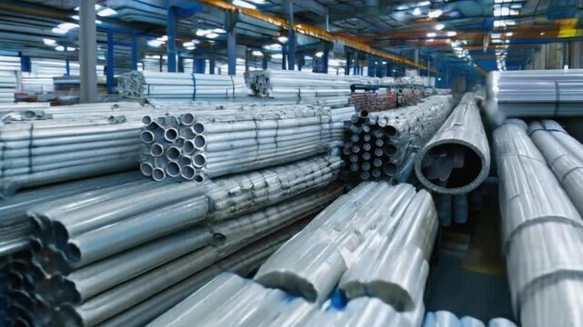 Industrial warehouse filled with stacks of metal pipes in storage