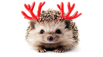 Obraz premium Joyful Hedgehog with Red Antlers on White Background
