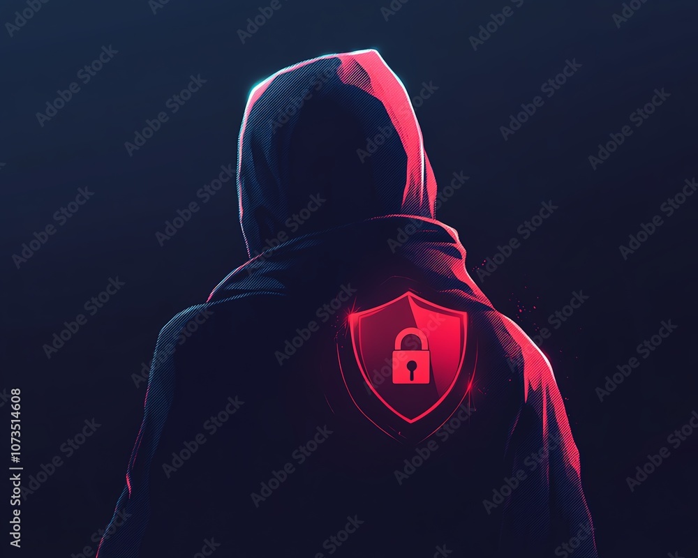 Poster a man in a black hoodie with a red shield and padlock icon on a dark blue background, symbolizing cy