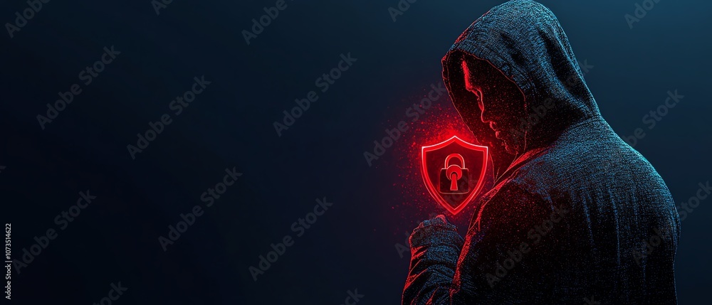 Poster a man wearing a black hoodie, with a red shield and padlock icon glowing on a dark blue backdrop, re