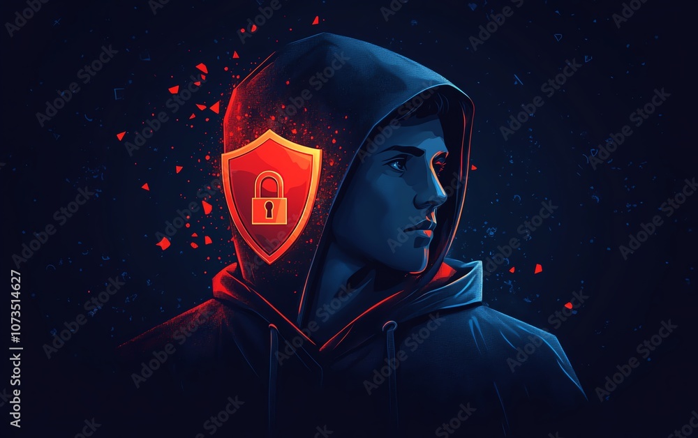 Poster a man in a black hoodie with a red shield and padlock icon on a dark blue background, symbolizing cy