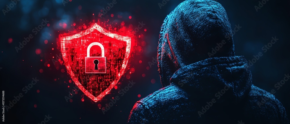 Poster a man wearing a black hoodie, with a red shield and padlock icon glowing on a dark blue backdrop, re